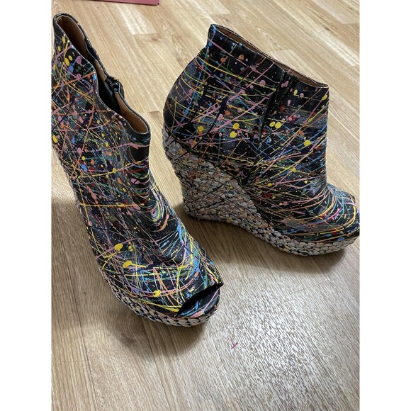 Jeffrey Campbell Shoes - Jeffrey Campbell Boots Womens 10 Black Multi Leather Tick Paint Wedge Booties